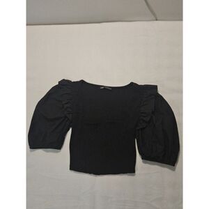 Zara‎ Womens Small Black Ribbed Square Neck Ruffle Balloon Puff Sleeve Top